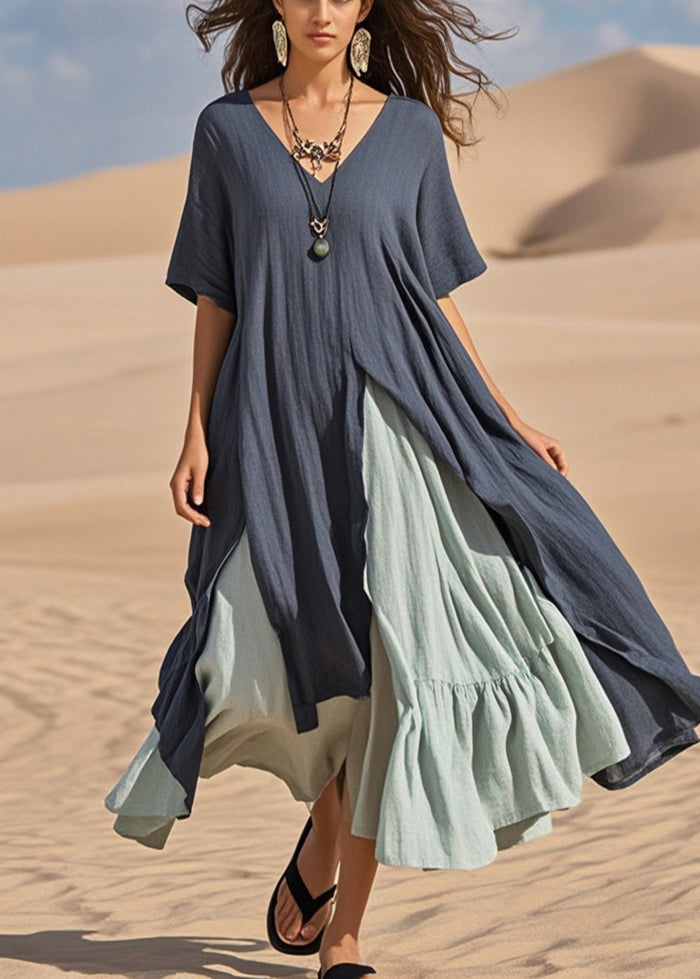 Women Navy Asymmetrical Patchwork Cotton Vacation Dresses Summer