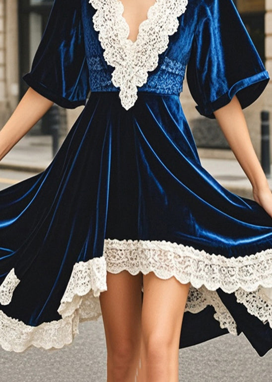 Women Navy Asymmetrical Patchwork Silk Velvet Dresses Summer