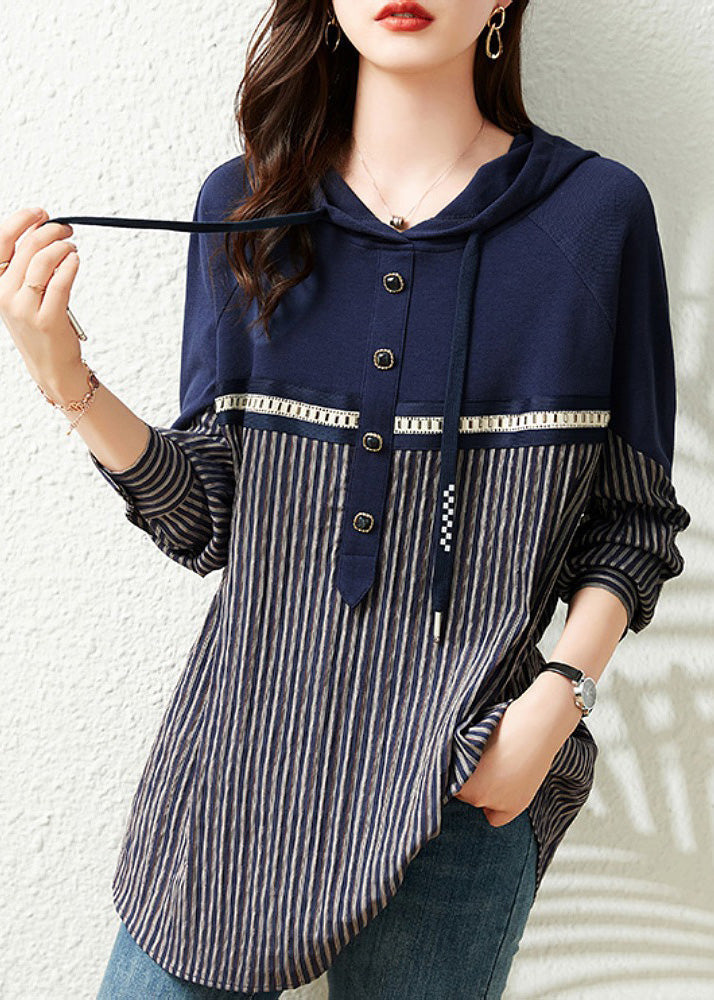 Women Navy Blue Patchwork Drawstring Cotton Hooded Tops Long Sleeve