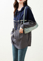 Women Navy Blue Patchwork Drawstring Cotton Hooded Tops Long Sleeve