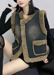 Women Navy Button Pockets Patchwork Thick Denim Waistcoat Sleeveless