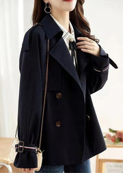 Women Navy Double Breast Pockets Patchwork Cotton Coats Fall