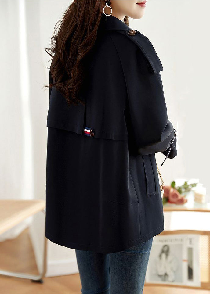 Women Navy Double Breast Pockets Patchwork Cotton Coats Fall