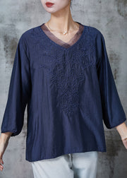 Women Navy Embroidered Cotton Shirt Top Half Sleeve