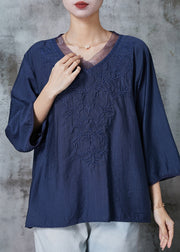 Women Navy Embroidered Cotton Shirt Top Half Sleeve