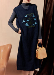 Women Navy Embroidered Cozy Knit Dress Sleeveless