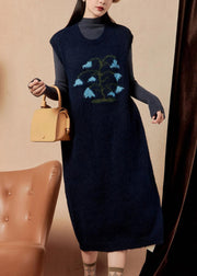 Women Navy Embroidered Cozy Knit Dress Sleeveless