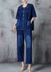 Women Navy Embroidered Patchwork Denim Two Pieces Set Summer