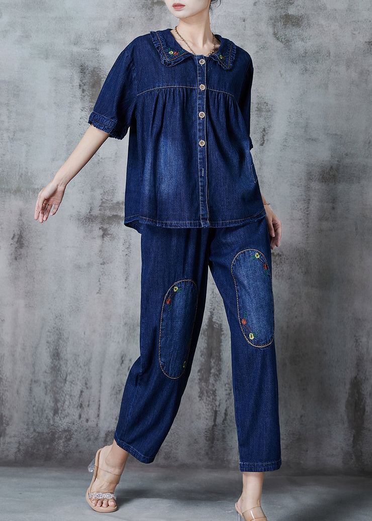 Women Navy Embroidered Patchwork Denim Two Pieces Set Summer