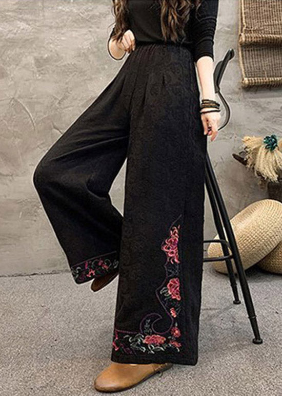 Women Navy Embroidered Pockets Cotton Wide Leg Trousers Spring