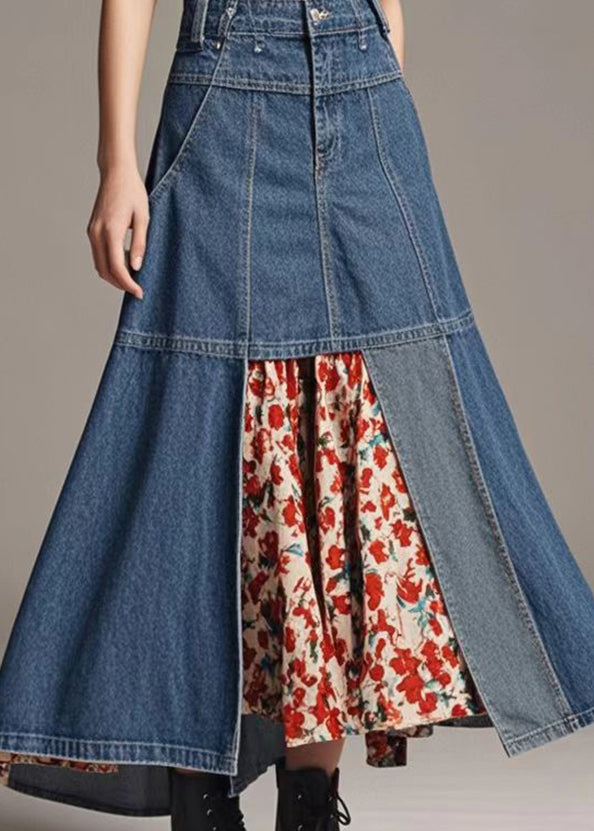 Women Navy High Waist Patchwork Denim A Line Skirts Spring