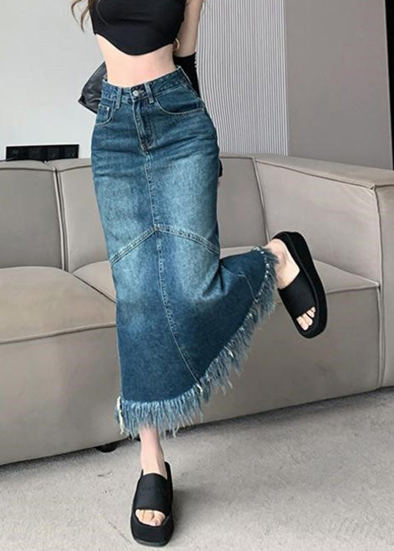 Women Navy High Waist Patchwork Tassel Denim Maxi Skirts Summer