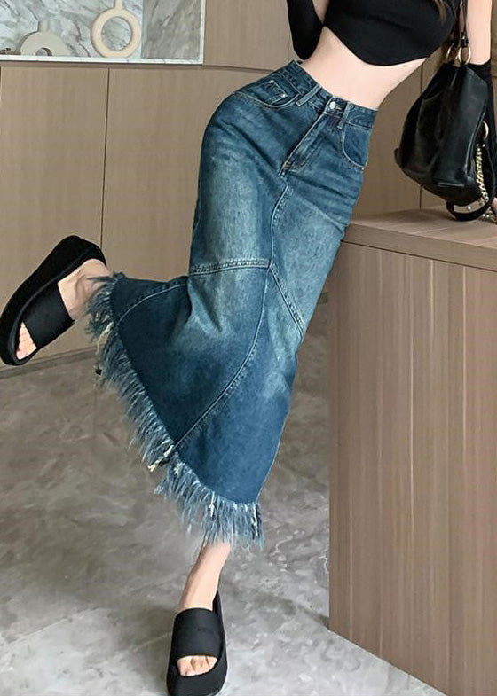 Women Navy High Waist Patchwork Tassel Denim Maxi Skirts Summer