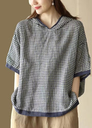 Women Navy Hooded Plaid Linen Shirt Tops Summer