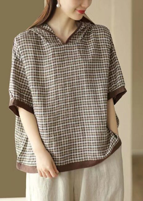 Women Navy Hooded Plaid Linen Shirt Tops Summer