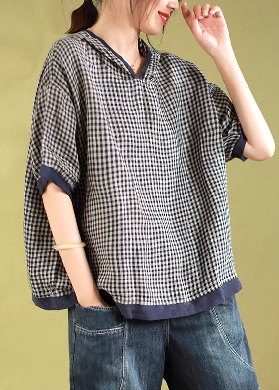 Women Navy Hooded Plaid Linen Shirt Tops Summer