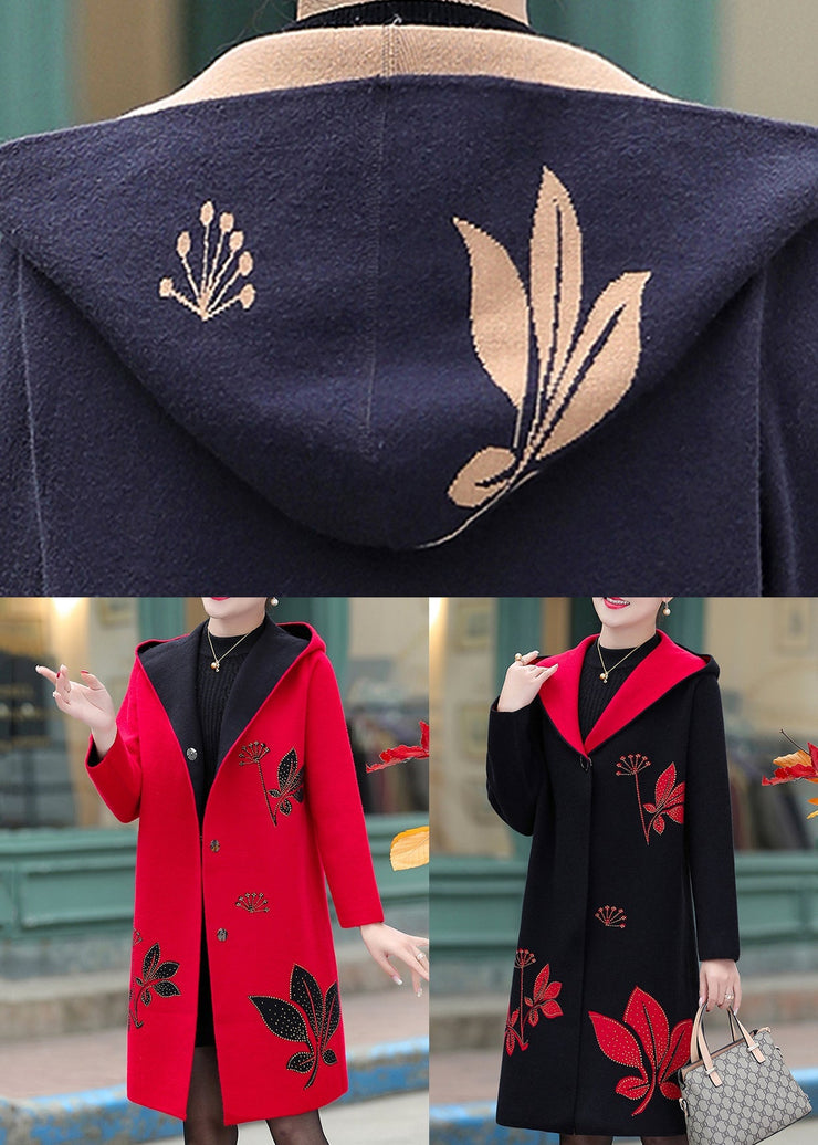 Women Navy Jacquard Zircon Hooded Woolen Coat Spring