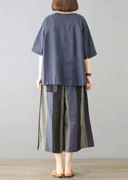 Women Navy O-Neck Embroideried Striped Linen Tops And Straight Pants Two Pieces Set Short Sleeve