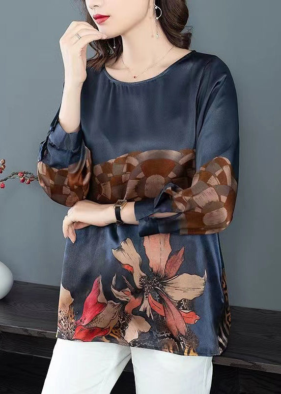 Women Navy O Neck Print Patchwork Silk Tops Fall