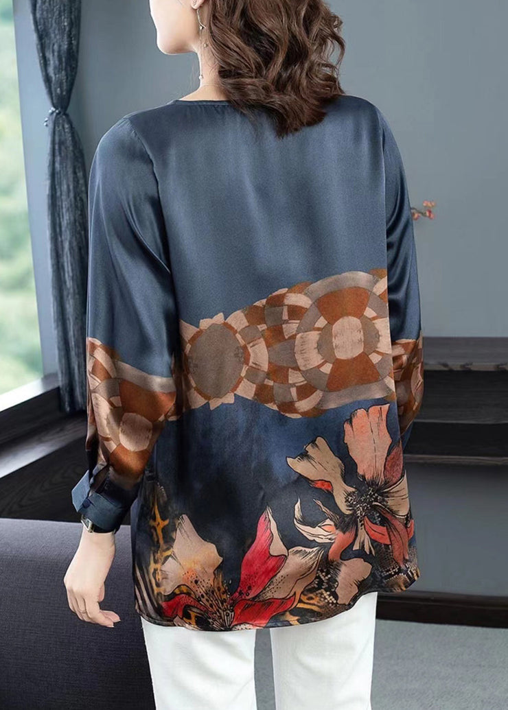 Women Navy O Neck Print Patchwork Silk Tops Fall