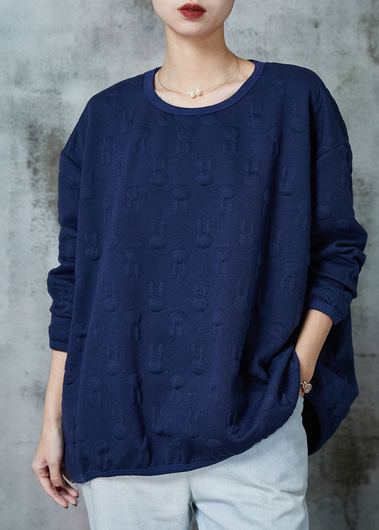 Women Navy Oversized Jacquard Cotton Pullover Sweatshirt Spring