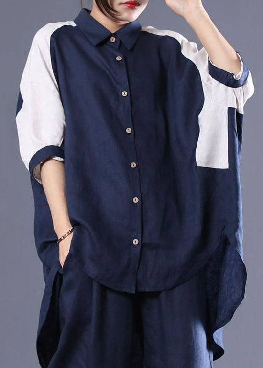 Women Navy Oversized Patchwork Cotton Two Pieces Set Batwing Sleeve