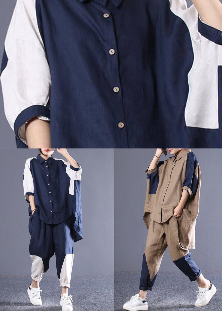 Women Navy Oversized Patchwork Cotton Two Pieces Set Batwing Sleeve