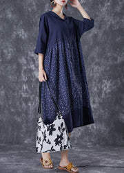 Women Navy Oversized Patchwork Print Linen Robe Dresses Summer