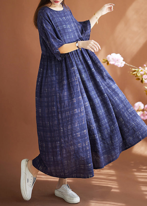 Women Navy Oversized Plaid Linen Maxi Dresses Summer