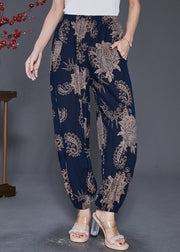 Women Navy Oversized Print Cotton Lantern Pants Fall