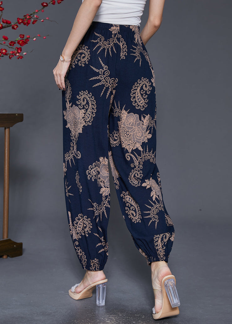 Women Navy Oversized Print Cotton Lantern Pants Fall