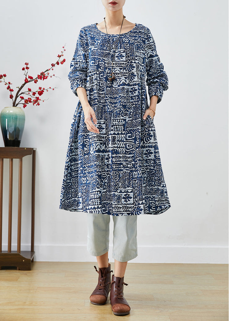 Women Navy Oversized Print Linen Dress Fall