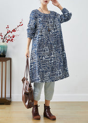 Women Navy Oversized Print Linen Dress Fall