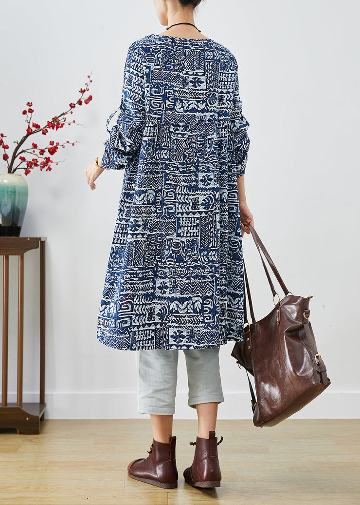 Women Navy Oversized Print Linen Dress Fall