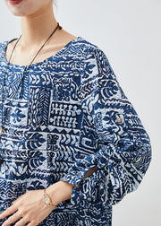 Women Navy Oversized Print Linen Dress Fall