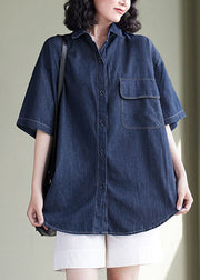 Women Navy Peter Pan Collar Patchwork Denim Shirt Top Summer