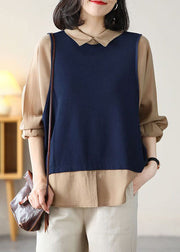 Women Navy Peter Pan Collar Patchwork Fake Two Piece Cotton Shirt Top Long Sleeve