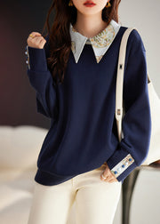 Women Navy Peter Pan Collar Patchwork Warm Fleece Pullover Tops Winter