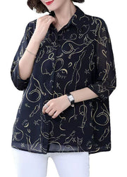 Women Navy Peter Pan Collar Print Patchwork Chiffon Shirt Bracelet Sleeve