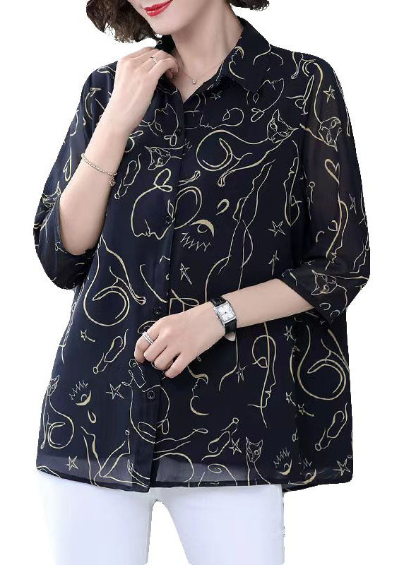 Women Navy Peter Pan Collar Print Patchwork Chiffon Shirt Bracelet Sleeve