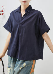 Women Navy Peter Pan Collar Wrinkled Cotton Blouses Summer