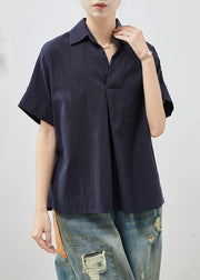 Women Navy Peter Pan Collar Wrinkled Cotton Blouses Summer