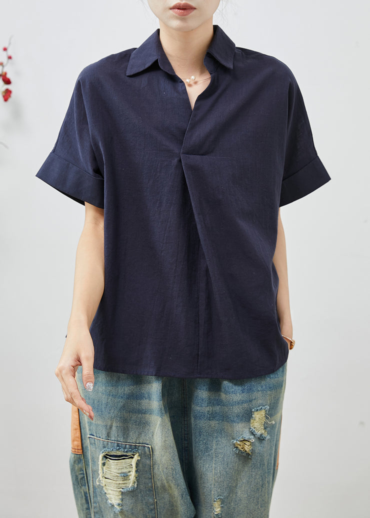 Women Navy Peter Pan Collar Wrinkled Cotton Blouses Summer