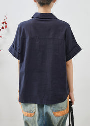 Women Navy Peter Pan Collar Wrinkled Cotton Blouses Summer