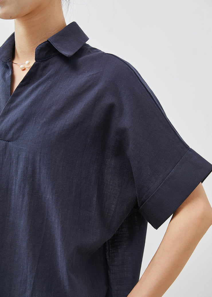 Women Navy Peter Pan Collar Wrinkled Cotton Blouses Summer