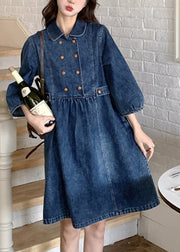 Women Navy Peter Pan Collar Wrinkled Patchwork Denim Long A Line Dress Spring