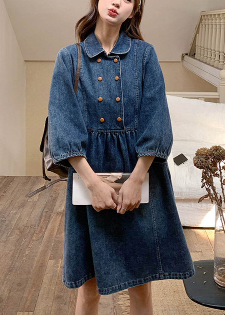 Women Navy Peter Pan Collar Wrinkled Patchwork Denim Long A Line Dress Spring