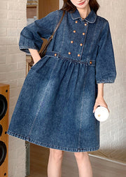 Women Navy Peter Pan Collar Wrinkled Patchwork Denim Long A Line Dress Spring