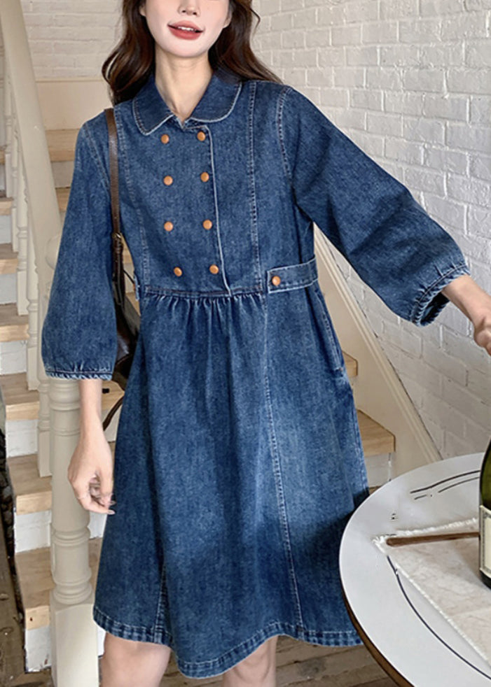 Women Navy Peter Pan Collar Wrinkled Patchwork Denim Long A Line Dress Spring