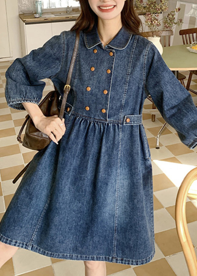 Women Navy Peter Pan Collar Wrinkled Patchwork Denim Long A Line Dress Spring